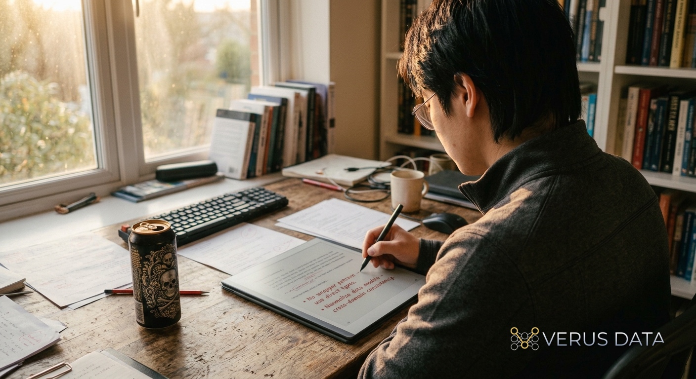 Printouts and handwritten review notes spread across a desk