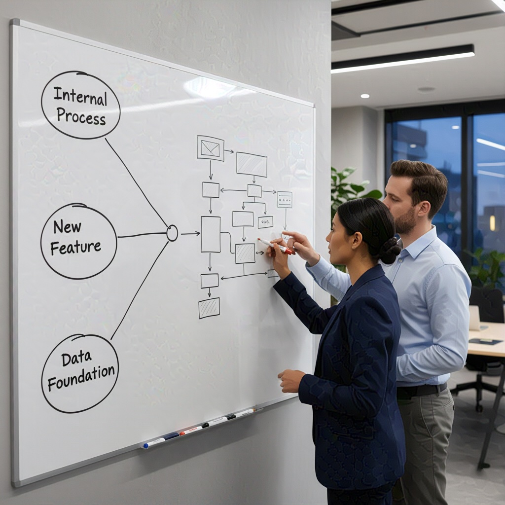 Expert insights via white board for any new project: "Internal Process," "New Feature," and "Data Foundation."