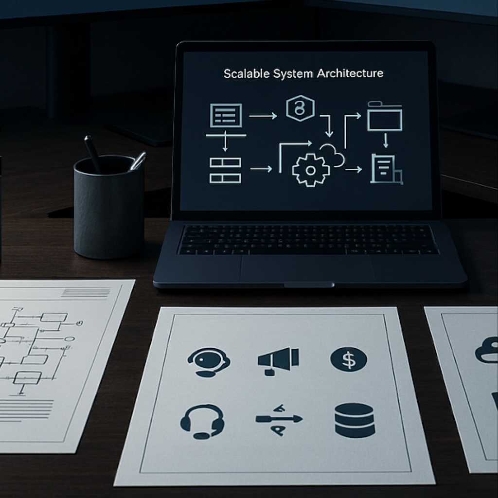 A scalable system architecture designed to address complex business challenges through tailored, integrated solutions. Iconography highlights key functions like customer support, marketing, and data management, reflecting a strategic approach to innovation and industry-specific problem-solving.