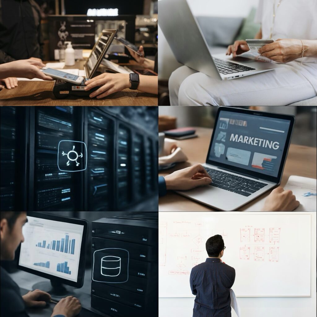 This collage showcases the seamless integration of technology across industries, from digital payments and online shopping to advanced data analytics and automated robotics. It highlights the power of AI and machine learning to optimize marketing, streamline operations, and drive innovation in the modern world.